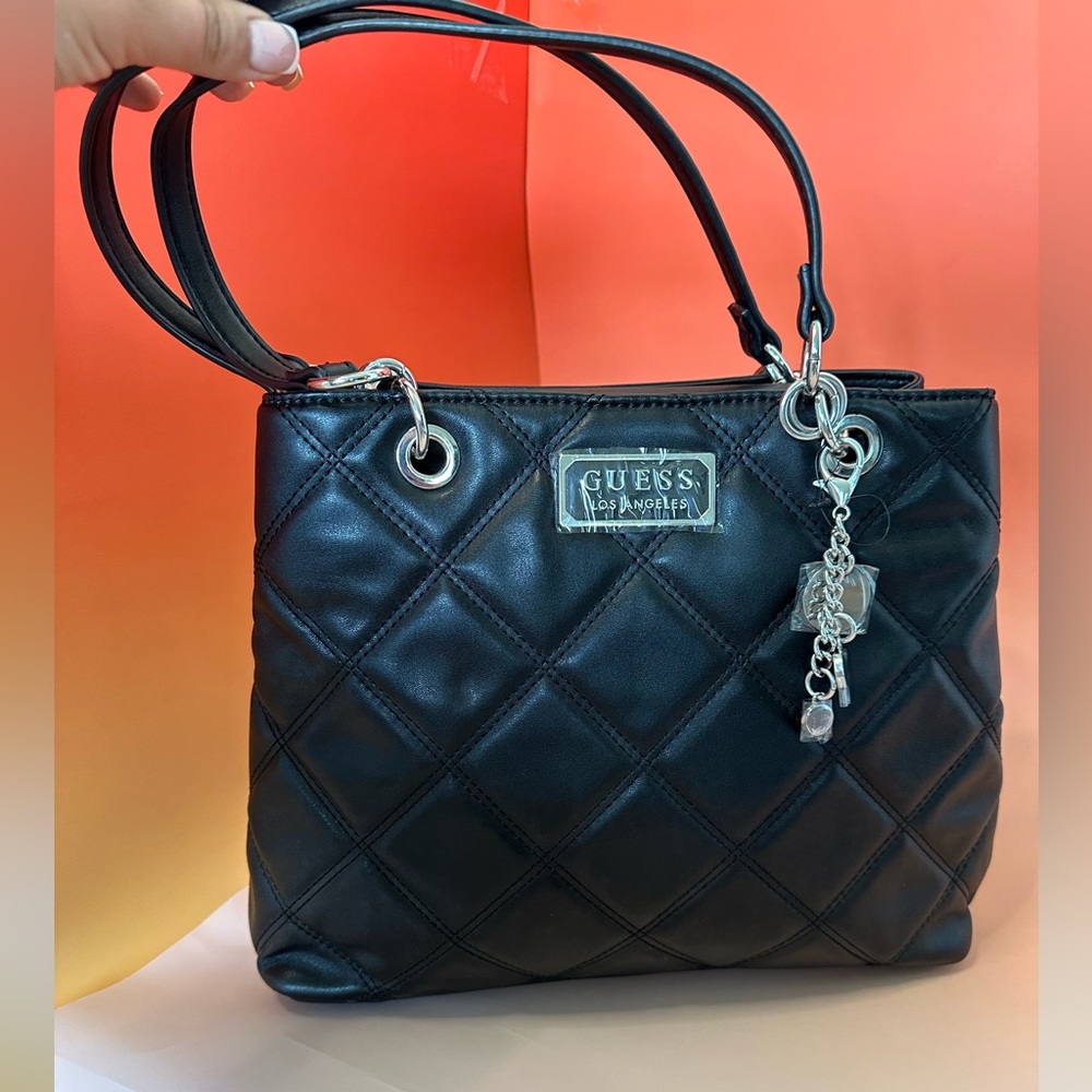 Guess Black Quilted Shoulder Bag with Silver Accents